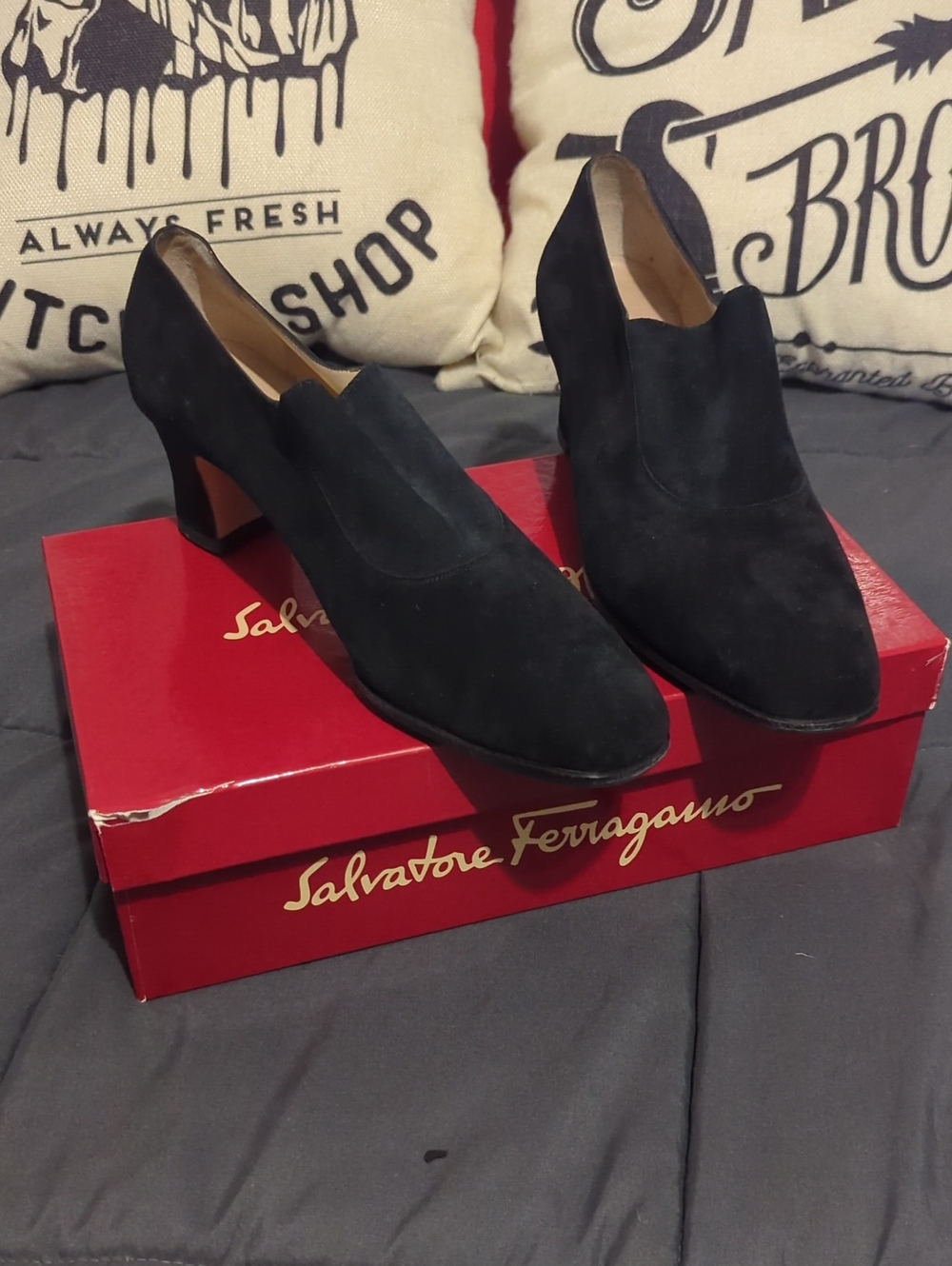 Authentic Salvatore Ferragamo Black Suede Pointed Toe Block Heel Booties 9 1/2